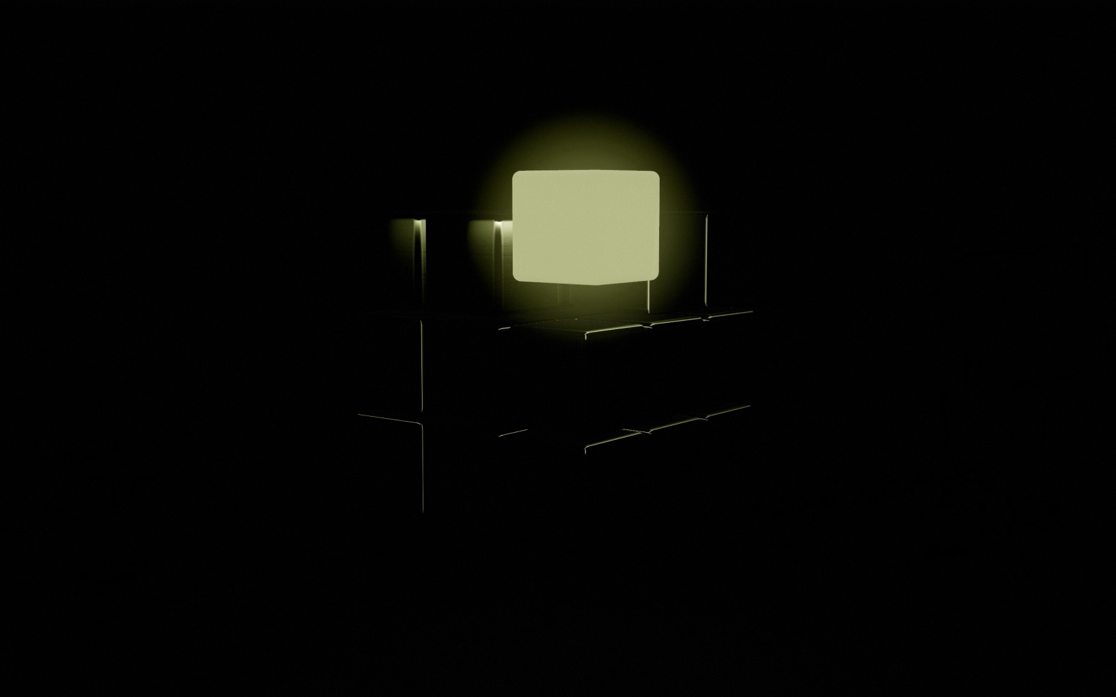 The cube in darkness, lit only by its glowing lime pixel, with thin lime reflections along its edges.