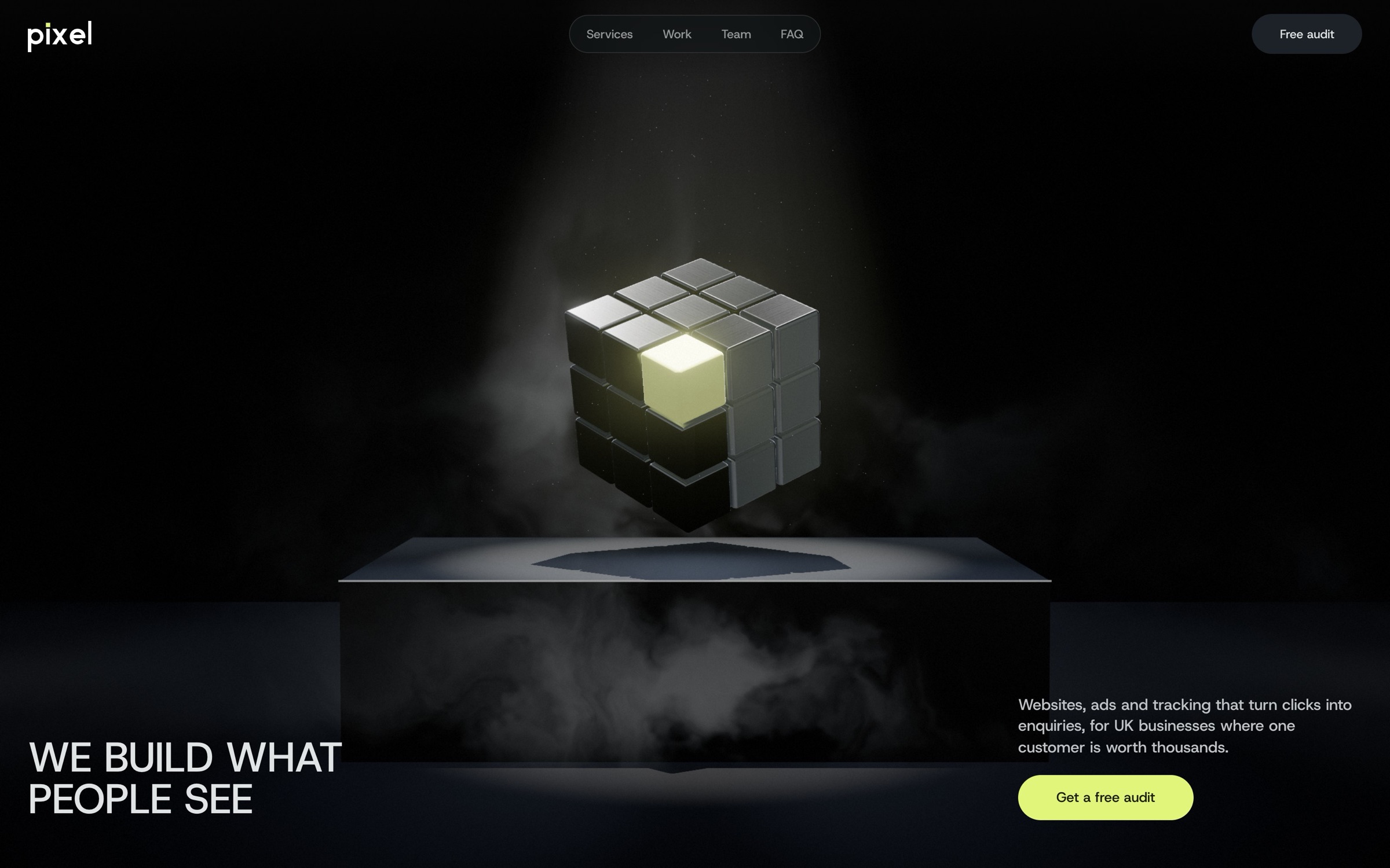 The Pixel Marketing Group homepage: a graphite titanium cube with one lime pixel, floating above a plinth under a single spotlight.
